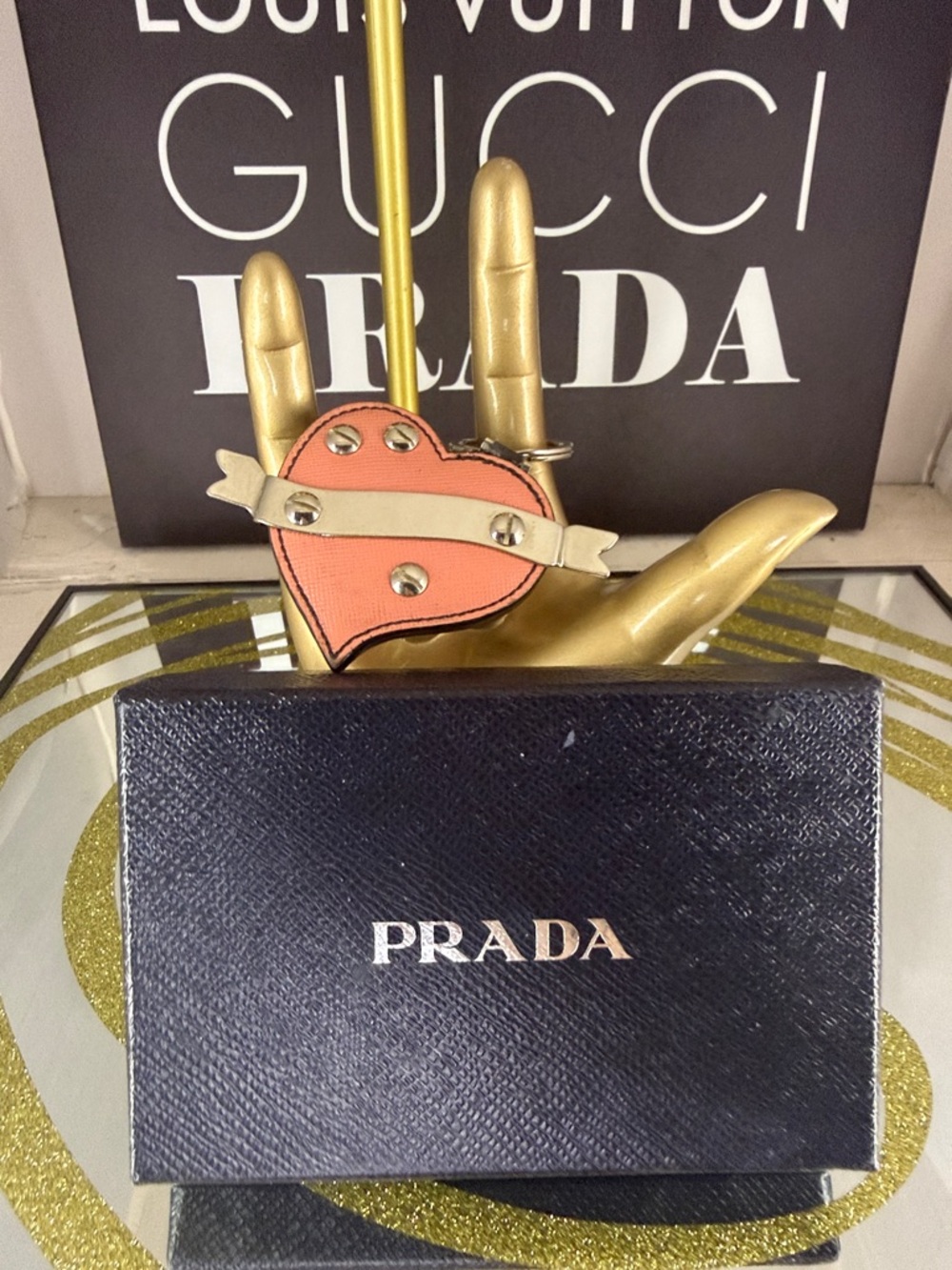 Prada Pink Heart Leather Keyring with Gold Studs - Picture 5 of 6